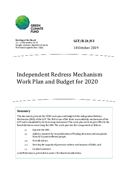 Portada del documento Plan de trabajo y presupuesto para 2020