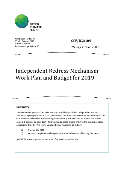 Document cover for Work plan and budget for 2019