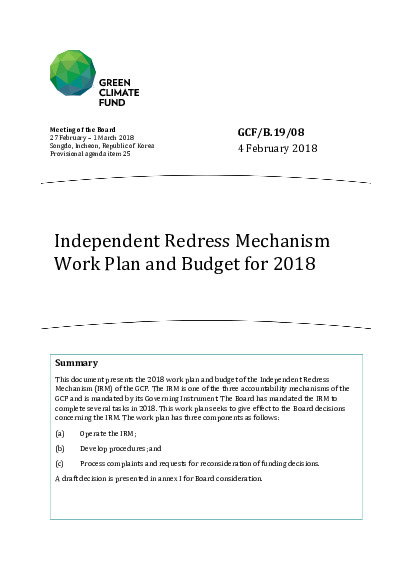 Document cover for Work plan and budget for 2018