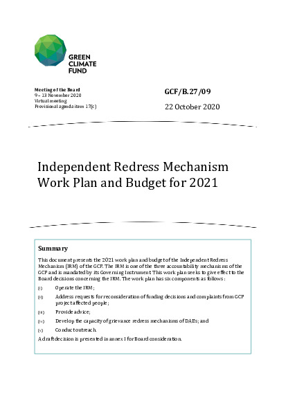 Document cover for Work plan and budget for 2021